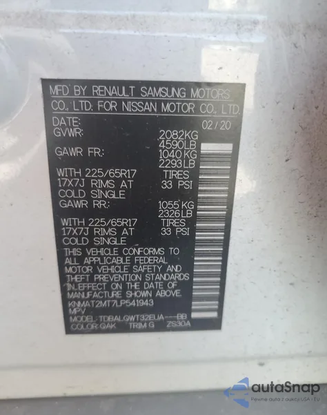 2020 Nissan Rogue S из США, поврежденный, VIN KNMAT2MT7LP541943